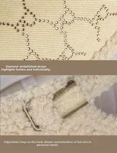 Detail of beige fleece baseball cap featuring rhinestone patterns and adjustable metal buckle