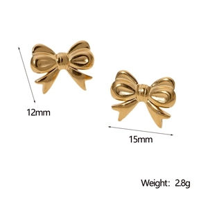 Macro view of 18k gold plated bow stud earrings with 15mm width and 12mm height details
