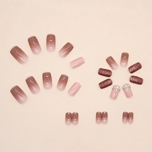 Gradient brown and pink press-on nails with sparkling rhinestones in a 24-piece square set