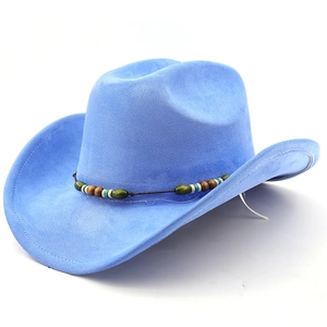 Detail of sky blue felt cowboy hat featuring colorful bead band and textured brim