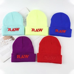 Knit Beanie Hat Winter Warm Cuffed RAW Letter Embroidery Streetwear Casual Soft Stretchy Skull Cap
