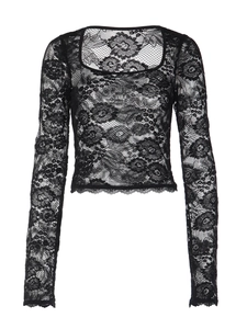Haut élégant en dentelle noire à manches longues avec motif floral et décolleté carré chic