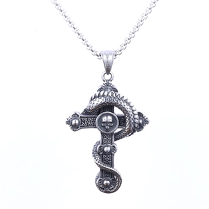 Gothic silver stainless steel necklace with snake and skull embossed on a cross pendant