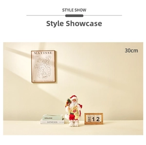 Detailed 30cm standing Santa Claus doll with red sequins and gift bag in cozy home setting