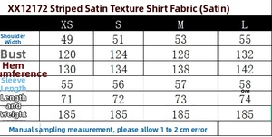 Detailed size chart for striped satin shirt showing shoulder, chest, and length measurements
