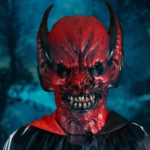 Scary red demon Halloween latex mask with sharp horns and fangs for cosplay party