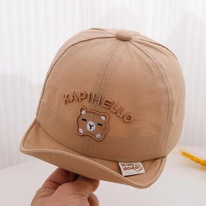Detail of baby sun hat featuring embroidered bear and KAPIHELLO text on quick-dry fabric