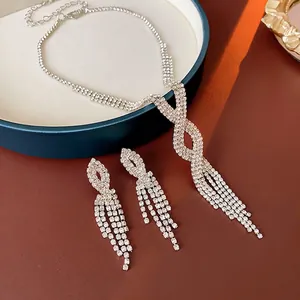 Elegant French style cross tassel necklace and earrings set with white rhinestones
