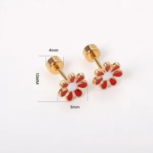 8mm red enamel flower stud earrings in gold stainless steel with screw back closure
