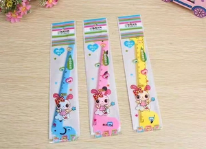 Detailed view of 20cm plastic rulers with cute angel rabbit prints in retail packaging