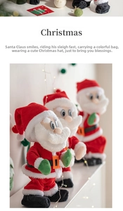 Detail of plush dancing Santa Claus figure with festive lights and holiday scene decor