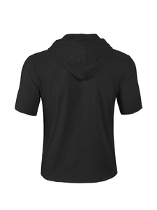 Back view of a black short-sleeved hooded shirt showing breathable linen fabric and loose fit
