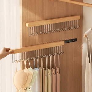 Pull Out Wardrobe Hanger Rack Wood Metal Space Saving Closet Organizer For Underwear Vest Tie Belt Multi Hook Storage