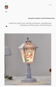 Macro view of white Christmas lantern lamp with snowman scene and silver glitter inside