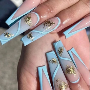 Long Coffin Press On Nails 3D Golden Butterfly French Blue Nude Patchwork False Nails Women Artificial Finger Nails