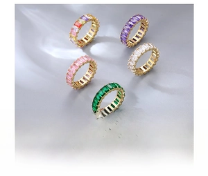 Macro detail of colorful titanium steel eternity rings with emerald and purple stones