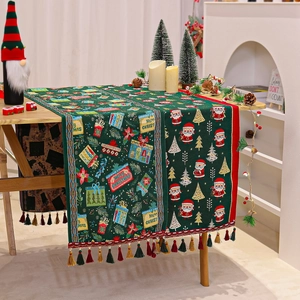 Green Christmas chenille table runner with Santa Claus prints and decorative tassels