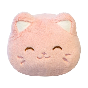 Cute pink plush cat pillow with soft fur and detailed embroidered closed eyes smile