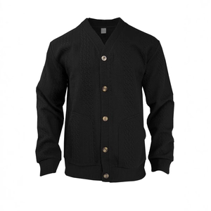 Cardigan noir pour homme en maille torsadée avec col en V et boutons aspect ambre poli