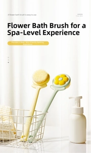 Macro view of long handle flower bath brushes in yellow and green with soft bristles