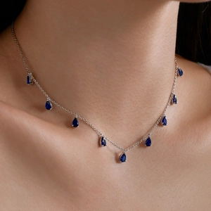 Elegant S925 sterling silver necklace with nine pear-cut deep blue zircon drops for women
