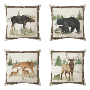 Set of 4 linen pillow covers featuring watercolor forest animal illustrations like elk and bear