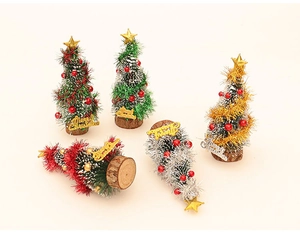 Set of five miniature cedar Christmas trees with gold stars and wooden bases for dollhouses