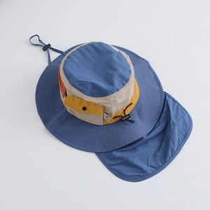 Detail of outdoor sun hat with wide brim, neck flap and adjustable windproof rope