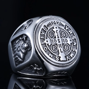 Vintage stainless steel Orthodox Saint Benedict Medal ring with embossed silver finish
