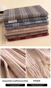 Close-up of multicolored plaid cashmere scarf with soft fringe and yarn-dyed texture