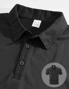Detail of black men's Polo shirt collar with 100% polyester fabric texture and size tag