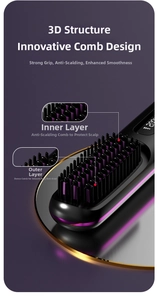Detail of 3D anti-scald comb teeth and LED temperature display on hair straightener brush