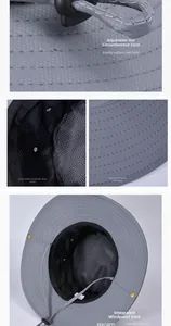 Detail of dark grey sun hat with adjustable cord, breathable mesh, and windproof strap