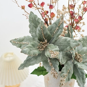 Grande Fleur De Poinsettia Artificielle Velours Paillettes Décoration De Sapin De Noël Ornement De Maison Fête Élégant
