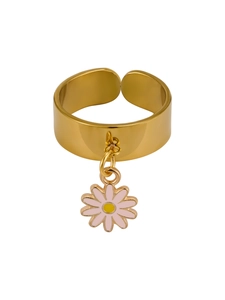 Detailed view of wide gold ring with pink enamel daisy pendant and adjustable open band