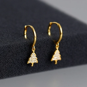 Elegant gold S925 sterling silver Christmas tree hoop earrings with sparkling zircon stones