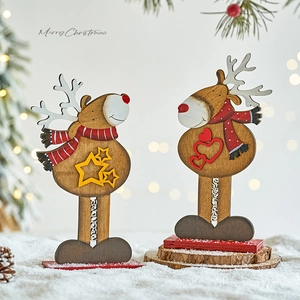 Creative wooden Christmas reindeer ornaments with Merry Christmas bokeh background