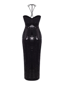Close-up of shimmering black sequins and halter neck detail on this elegant evening dress