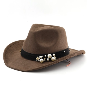 Chapeau de cowboy en daim marron avec ruban de perles et fleurs sur bord large