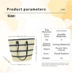 Size chart showing dimensions 40x10x34cm for the striped straw tote bag made of paper rope