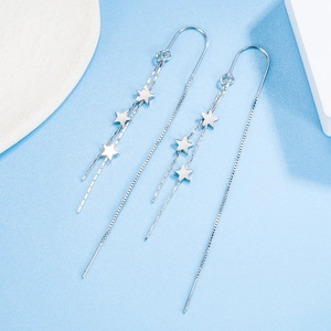 Elegant silver star tassel ear threads with long drop chain design for women