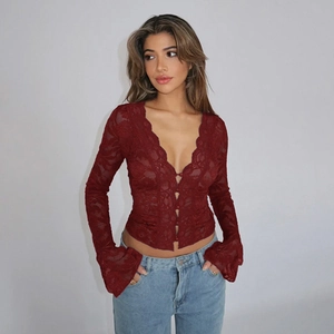 Elegant wine red lace cardigan top with deep V-neckline and button front closure for women