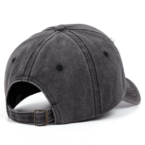 Rear view of distressed grey baseball cap with adjustable metal buckle and torn detail