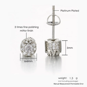 Iced out round zircon stud earrings with silver plating and screw back closure