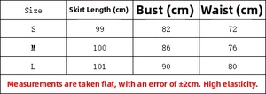 Detailed size chart for elegant A-line dress featuring measurements for S, M, and L sizes