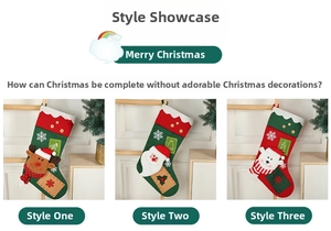 Detailed embroidery of Santa Claus, reindeer and polar bear on festive Christmas stockings