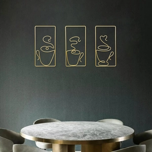 Set of 3 gold wire coffee cup wall art pieces for modern living room decor