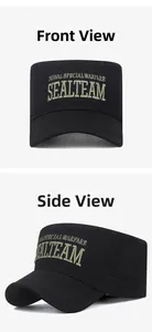 Detail of military flat top cap featuring embroidered Naval Special Warfare Seal Team text