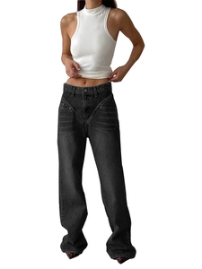Women's vintage dark grey washed denim wide-leg jeans with a high-waisted loose fit