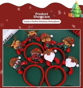 Detail view of festive Christmas headbands featuring Santa Claus, reindeer, and snowman designs